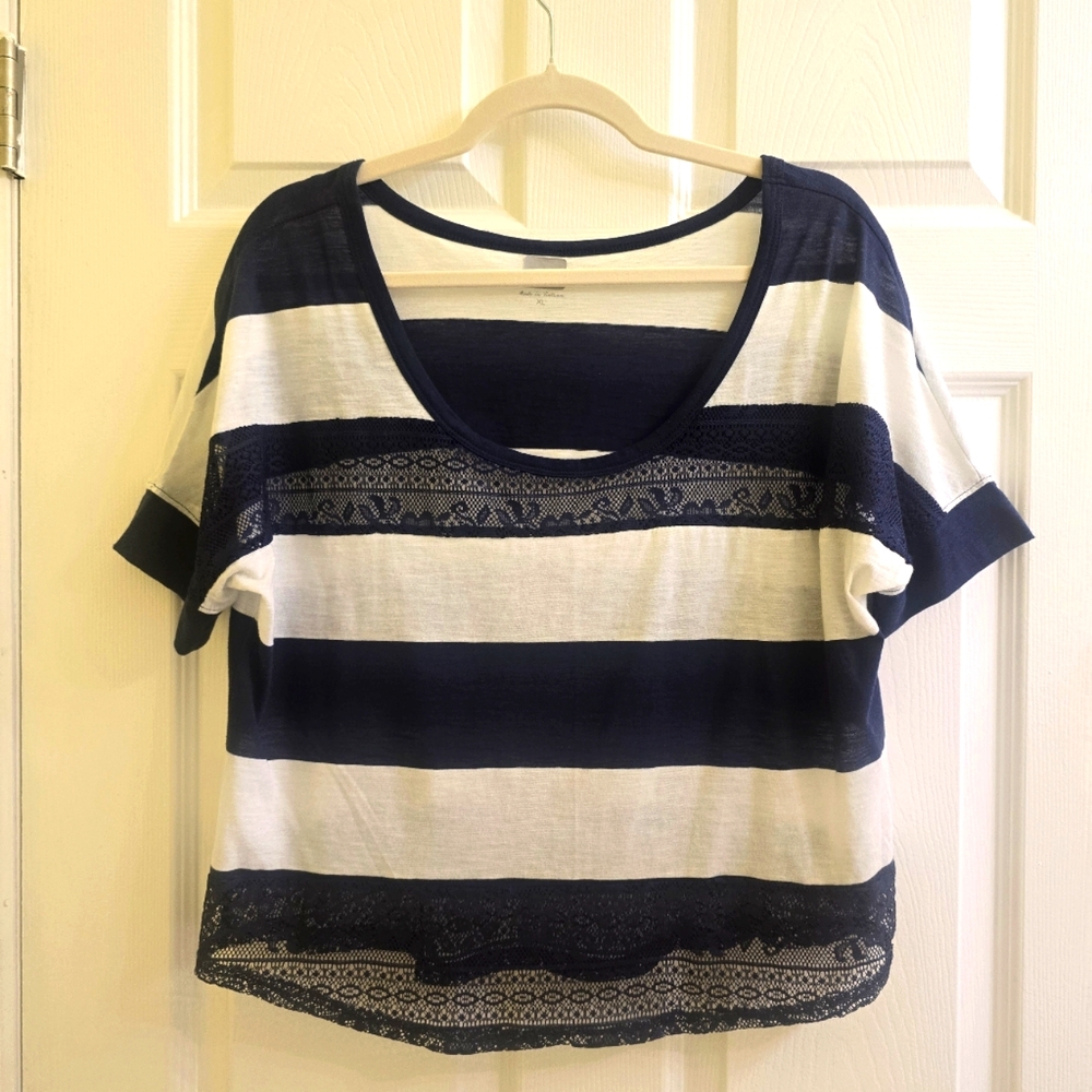 White Crop like Top Striped with Blue Lace Size XL